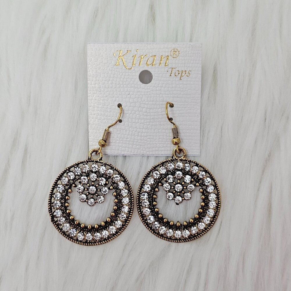 Kiran Tops New Rhinestone Round Gold Tone Dangle earrings